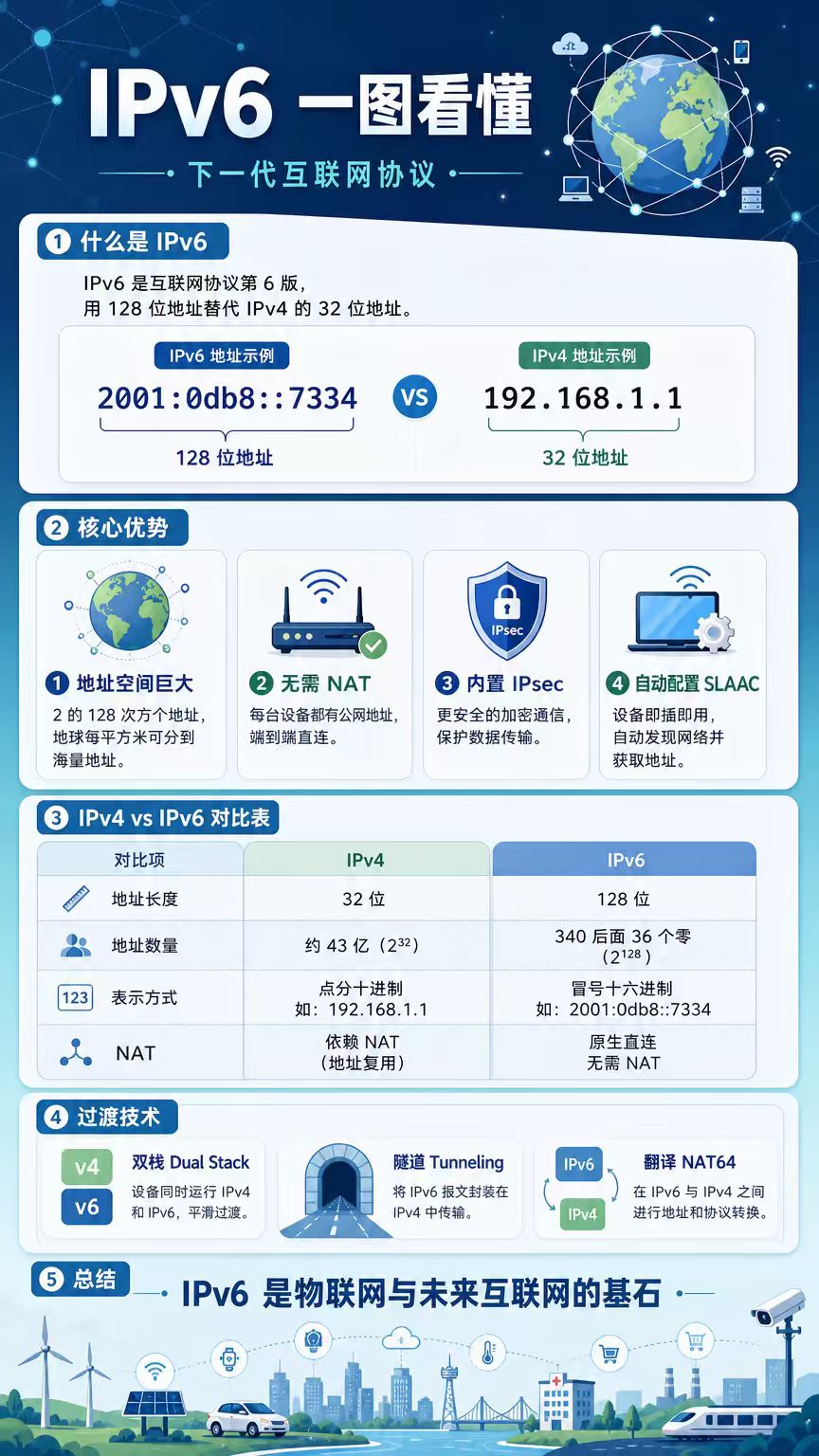 IPv6 一图看懂信息图：什么是IPv6、核心优势、IPv4 vs IPv6 对比、过渡技术、总结